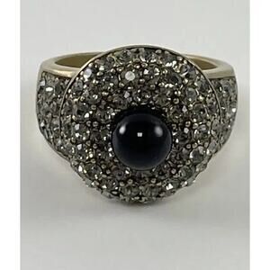 Heidi Daus Antiqued Gold Tone Black Faux Pearl Pave Crystal Cocktail Ring Sz 9.5